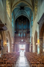5th-arrondissement;-Church-of-Saint-Médard;-Flamboyant-Gothic;-France;-Gothic-architecture;-Historic-monument;-Kaleidos;-Kaleidos-images;-La-parole-à-limage;-Mouffetard-district;-Nave;-Organ-loft;-Paris;-Places-of-worship;-Religious-heritage;-Rib-vault;-Rue-Mouffetard;-Side-aisles;-Stained-glass;-Stories-Pictures;-Tarek-Charara;-Wall-sconces;-Wooden-chairs